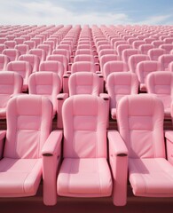 Fototapeta premium An outdoor open-air theater featuring multiple rows of pink seats, stretching under a clear blue sky, providing a unique and colorful seating arrangement for an outdoor experience.