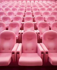 Naklejka premium An image showcasing pink theater seats meticulously aligned in symmetrical rows within a structured theater setting, creating a striking and organized visual effect.