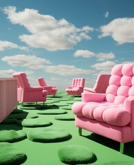 An arrangement of soft, pink, bubble-like furniture is placed on a pattern of green, cloud-shaped flooring beneath a serene, open sky, creating a whimsical and dreamlike outdoor setting.