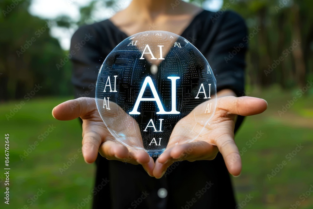 Poster hands presenting ai digital sphere, futuristic artificial intelligence concepts, virtual interface, 