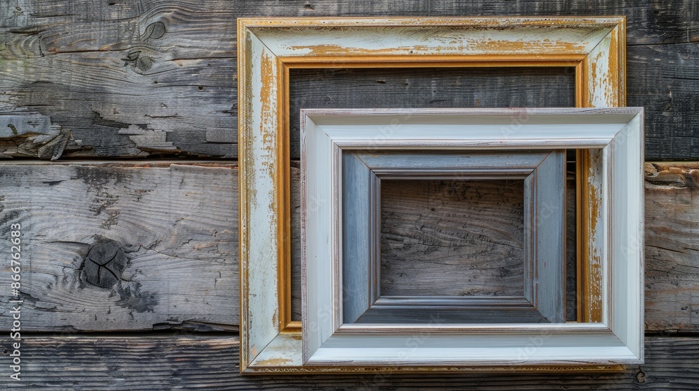 Poster artificial picture frame on rustic wood background