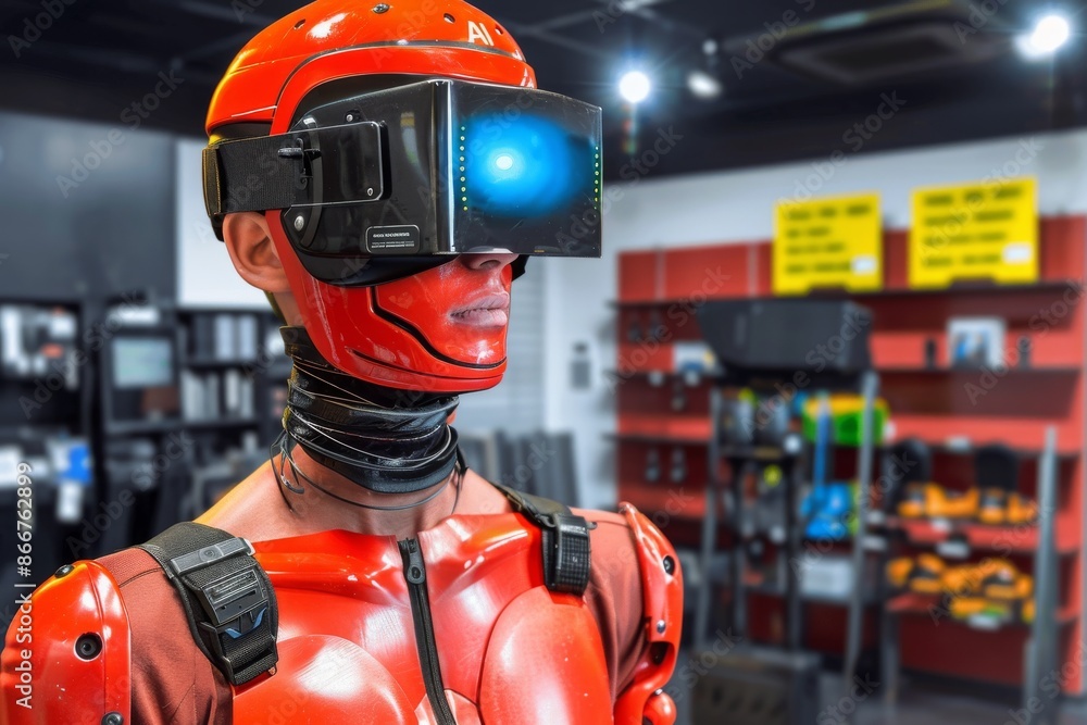 Poster red ai robot in industrial setting, showcasing advanced robotics, artificial intelligence integratio