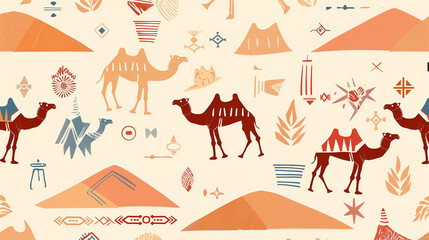 A colorful drawing of camels and other desert animals