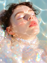 Fototapeta premium A woman dressed in an iridescent sequined outfit floating gracefully in water with shimmering light reflections, creating a mystical and dreamy visual effect.