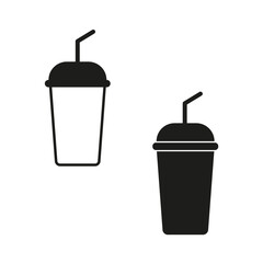 Drink cup icons. Beverage with straw. Black and white vector. Simple silhouette design.