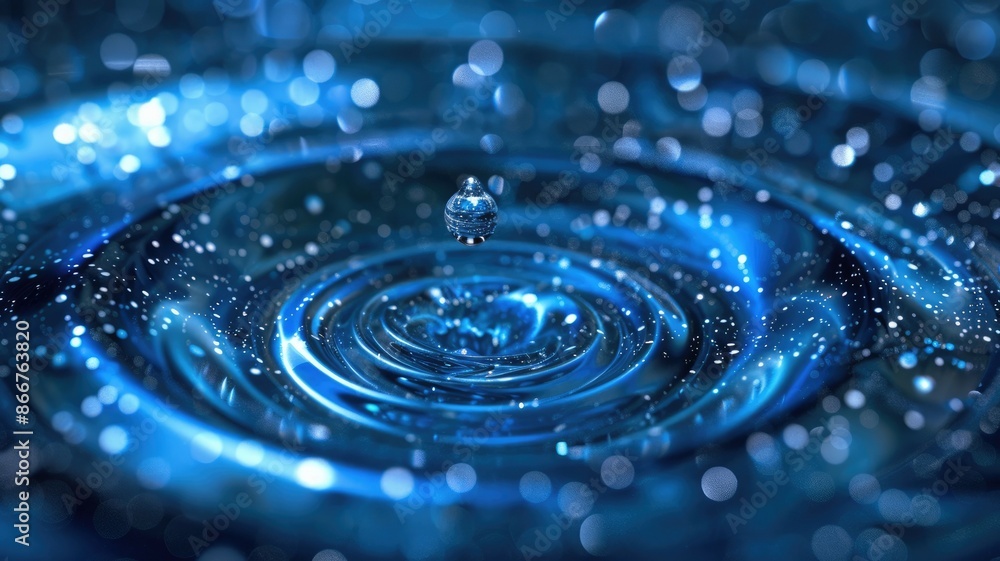 Poster a closeup of a water drop creating ripples on a calm blue surface in slow motion is captured in this