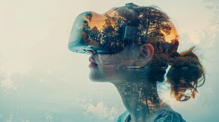 A woman wearing a VR headset with a cityscape superimposed over her face, symbolizing the merging of reality and virtual worlds.