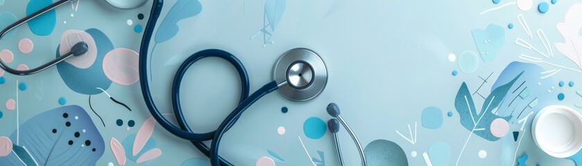 Light blue medical illustration featuring a stethoscope and abstract shapes