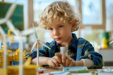 little blonde preschooler learning about eco friendly and alternative renewable energy at kindergarten classroom