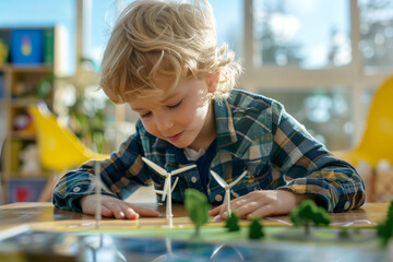 smiling schoolboy learning about eco-friendly renewable sources of energy with wind turbine models in classroom at school
