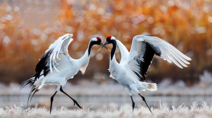 Fototapeta premium Cranes performing a courtship dance