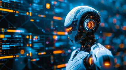 A futuristic robot stands before a wall of glowing data, its metallic eyes fixed on the screen.  The robot is a symbol of artificial intelligence and technological advancement.