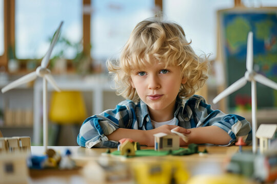 little schoolboy sitting with model of wind turbine at desk learning about wind energy at school - Powered by Adobe