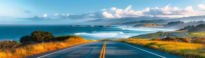 A scenic road winds through a coastal landscape with blue water and white clouds.
