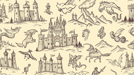 A drawing of a castle with a dragon flying over it