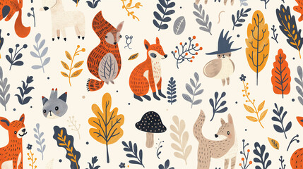 Naklejka premium A colorful drawing of various animals, including a fox, a rabbit, and a deer