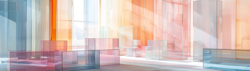 Illustrate a scene with translucent glass shapes in pastel hues, giving a modern and abstract effect