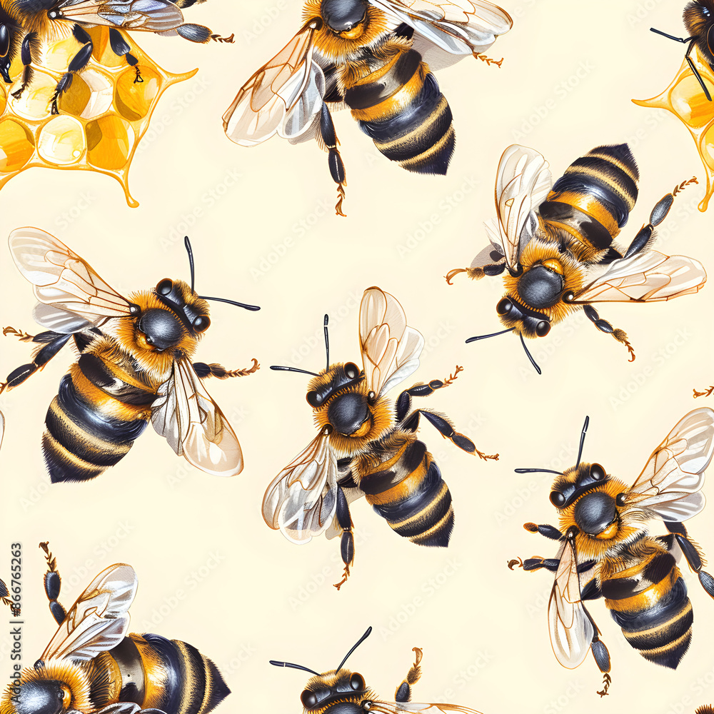 Poster Seamless pattern of honey bees with spread wings flying around honeycombs on a light yellow background