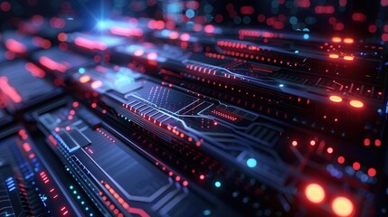 Naklejka premium Abstract futuristic circuit board with glowing red and blue lights. High tech and digital concept.