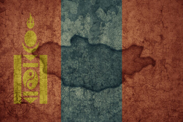 map and flag of mongolia on a old vintage crack paper background .