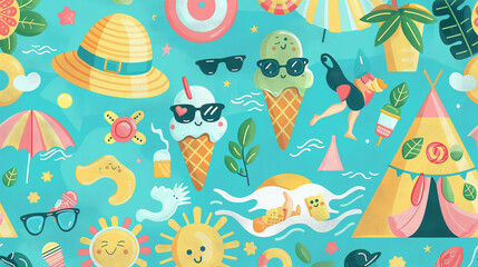 Naklejka premium A colorful and lively scene of a beach with various items such as umbrellas