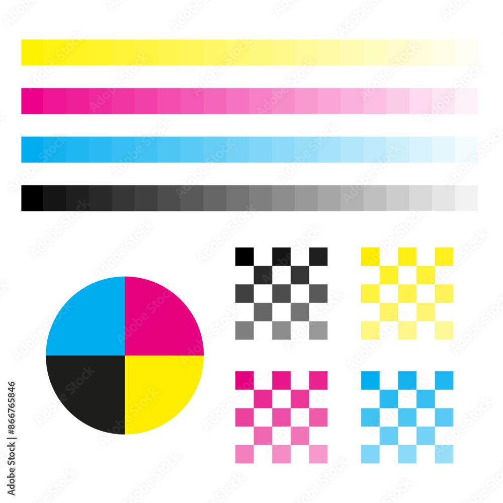 Poster cmyk color chart. gradient bars and checker patterns. vector illustration. printing color guide.