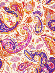 Seamless paisley pattern using purple, orange and pink colors on light background