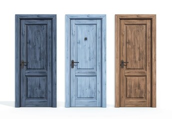 Naklejka premium Wooden doors in blue, light blue and brown with minimalist design. Perfect for contemporary architectural visuals and interior projects.