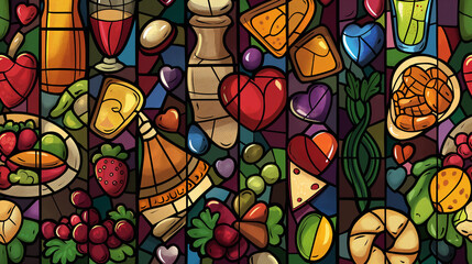 A colorful stained glass window with a variety of food items, including fruits