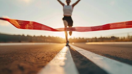 Triumph person crossing the finish line of a race with a triumphant expression