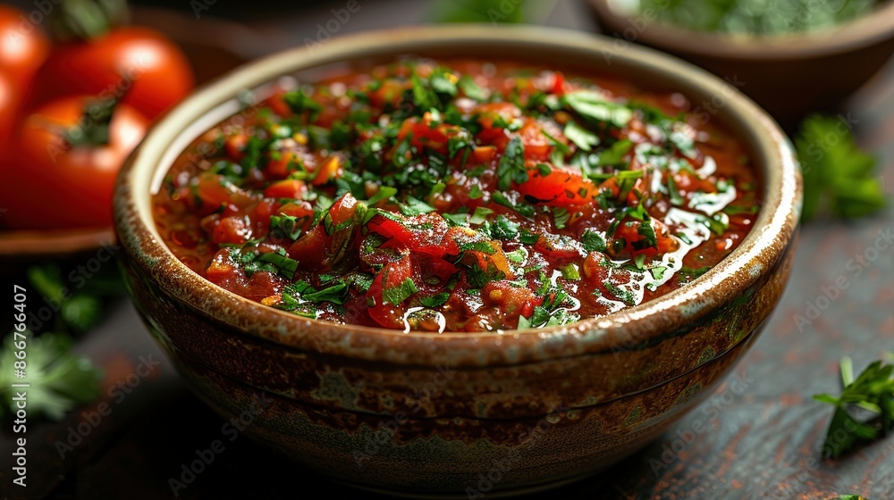 Poster a zoomed-in image of a dish with tomatoes and parsley next to it on a table