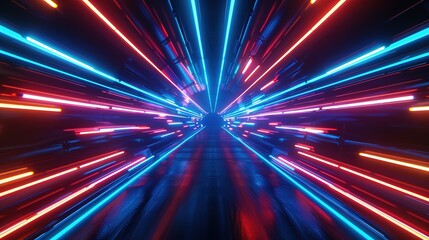 Rays of neon light, colorful glowing lines in space tunnel on black background. 3D render of glowing streaks in the style of high speed time travel concept. Futuristic sci fi design and digital art