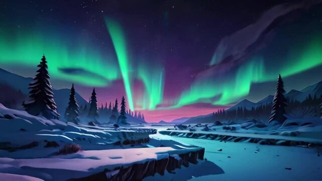 A breathtaking winter landscape snowflakes  ice sculptures. The aurora borealis sky, magical creatures terrain, Japanese anime-style 4k lofi hip-hop bites landscape music background animation video