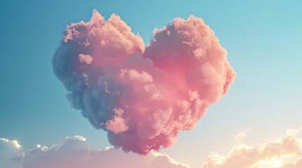 Realistic photo of love cloud. Sun Ray pass through the sky with hearted shape cloud. Adorable Emotion. 