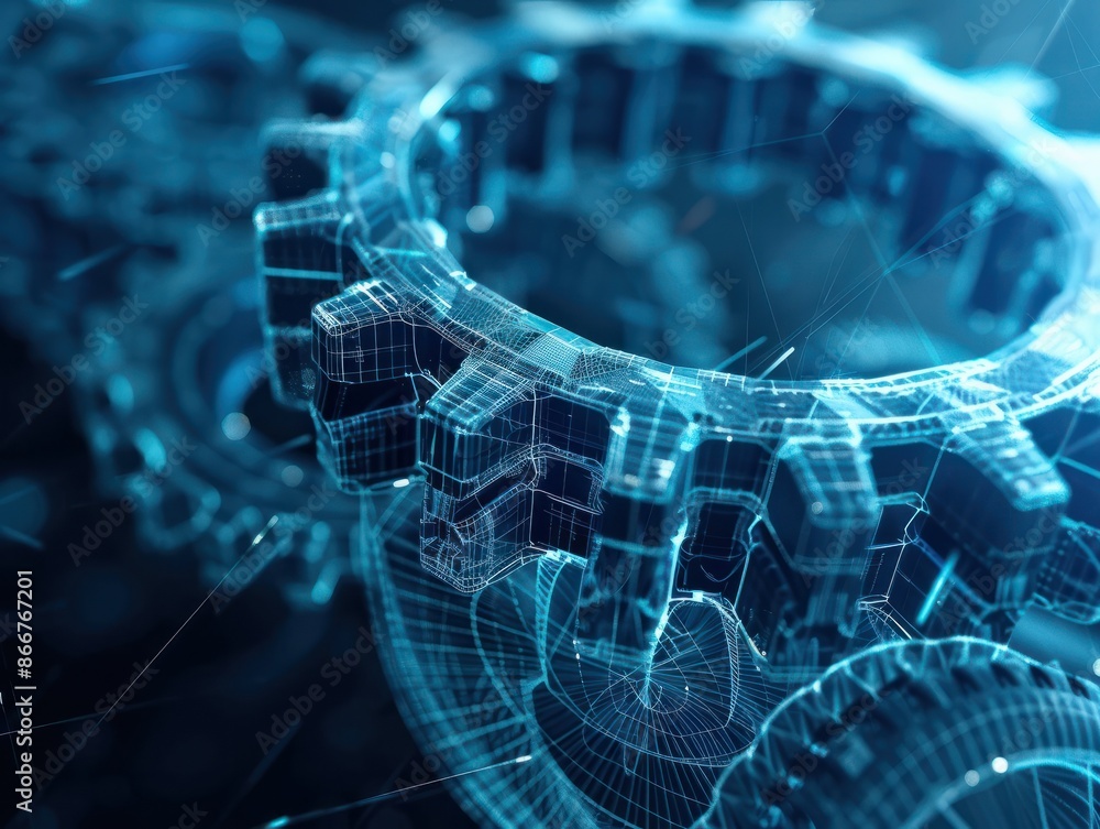 Poster digital futuristic gears rotation wireframe technology. ai generated image