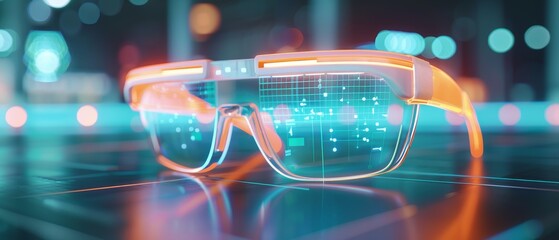 Futuristic augmented reality glasses with a digital interface, showcasing advanced technology and innovation in a vibrant setting.