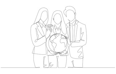 Continuous one line drawing of business people holding globe together, global business joint venture concept, single line art.