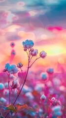 Close-up of a cotton plant with colorful sunset background, dreamy and surreal nature concept