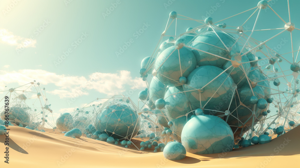 Poster Abstract scfi-fi landscape with connected 3D balls and molecular grid structure. Futuristic surreal abstraction.