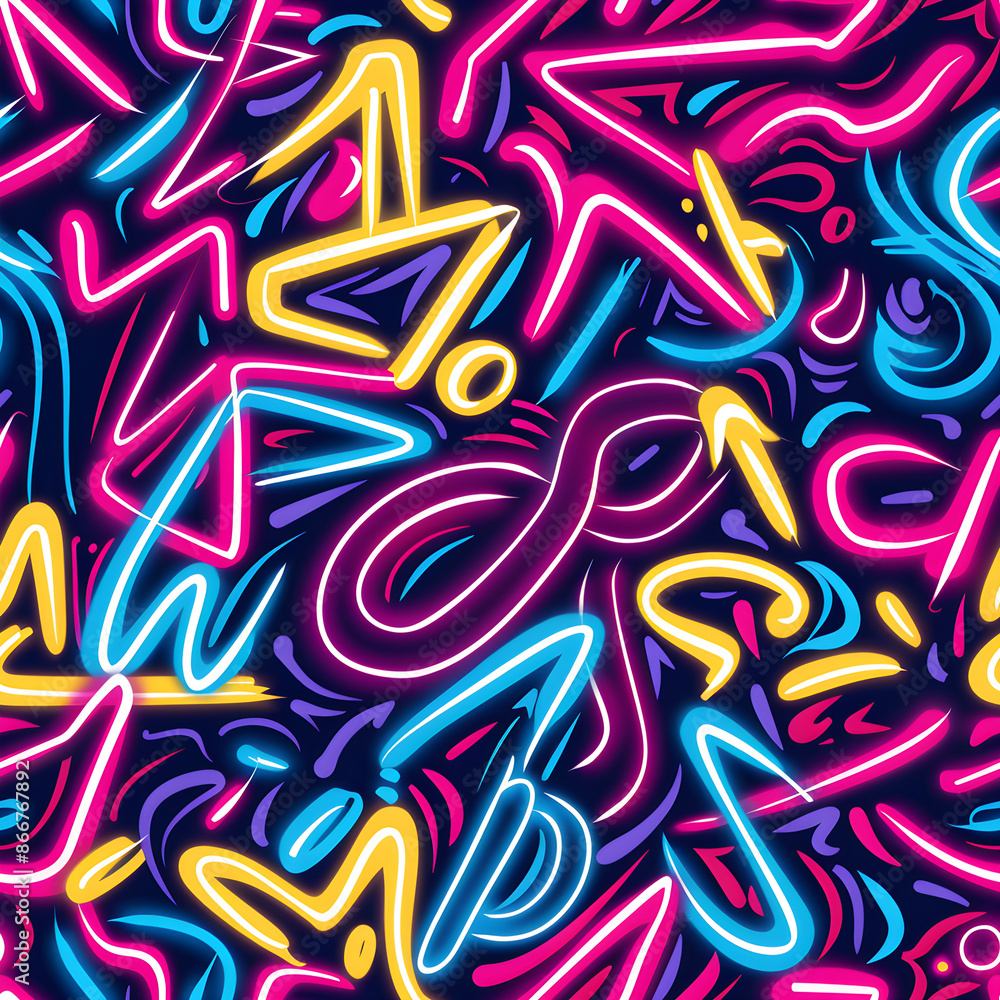 Poster Seamless pattern with colorful neon scribbles glowing on dark background, abstract vibrant texture for modern design
