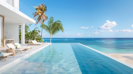 Modern beachfront villa with an infinity pool overlooking a tropical ocean view, perfect for a luxurious tropical getaway.