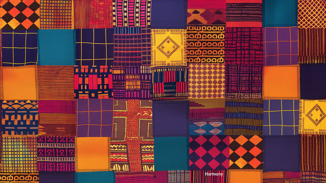 A patchwork quilt with a variety of colors and patterns