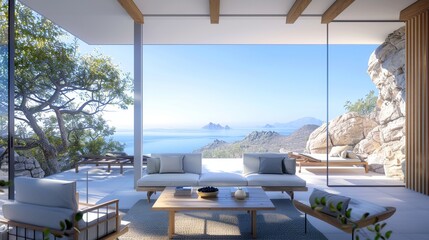 Fototapeta premium Modern open-air living room with stunning ocean view, featuring elegant furniture and natural surroundings under clear blue skies.