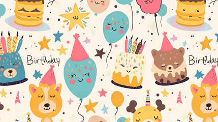 A birthday themed pattern of cartoon animals and balloons
