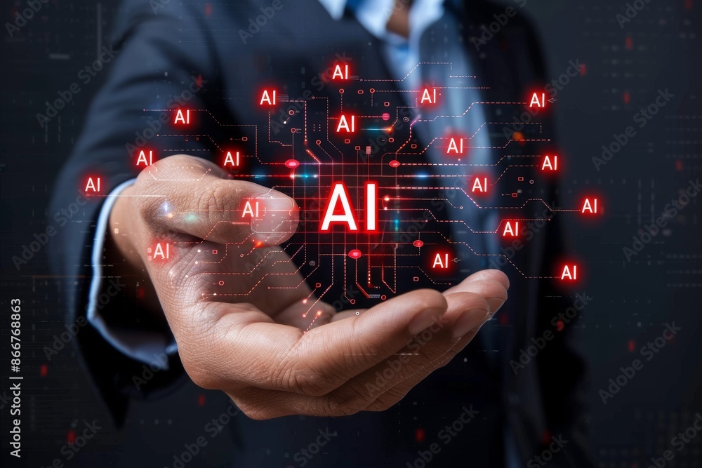 Poster hand presenting glowing ai symbol, showcasing advanced artificial intelligence, innovative technolog