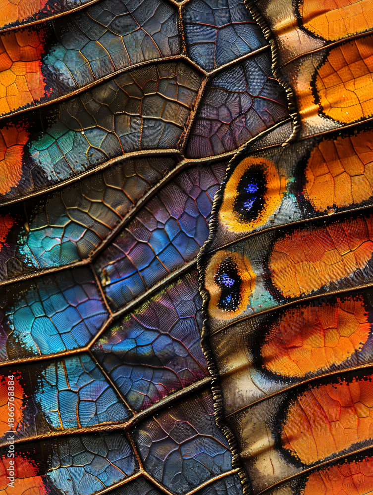 Poster Close up of a butterfly wing showing the colorful pattern and texture