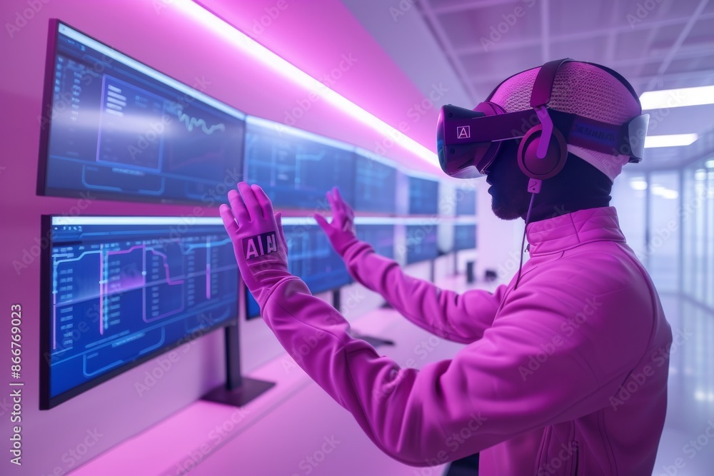 Poster technician using vr headset for ai interaction, advanced technology, virtual reality integration, hi