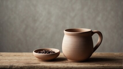 A handmade clay coffee mug with a small cup, resting on a rustic wooden stool in a minimalist setting.