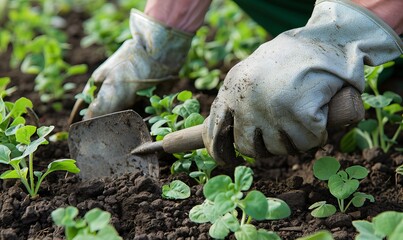 gardener wearing gloves using trowel to plant vegetable seedlings in garden bed, closeup of hands and tools on green spring farm land, sunlight on ground