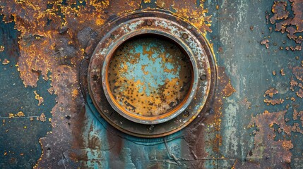 Texture of aged metal container with round lid corrosion and energy industry background captured from above